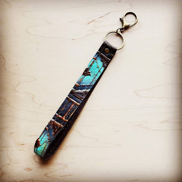 Embossed Leather Key Chain Strap Blue Navajo